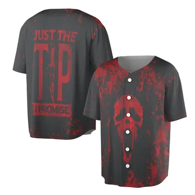 Just The Tip Polo Baseball Jersey, Knife Blade Typography, Red Skull Splatter Design, Black Grunge Background, Horror Streetwear