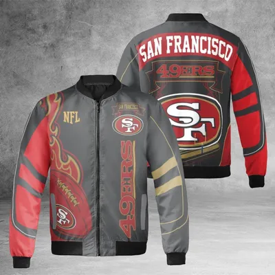 Unisex San Francisco 49ers Bomber Jacket, Nfl Football Fan Gear, Flame Graphic & Team Logo, Black & Red Style Bomber Jacket
