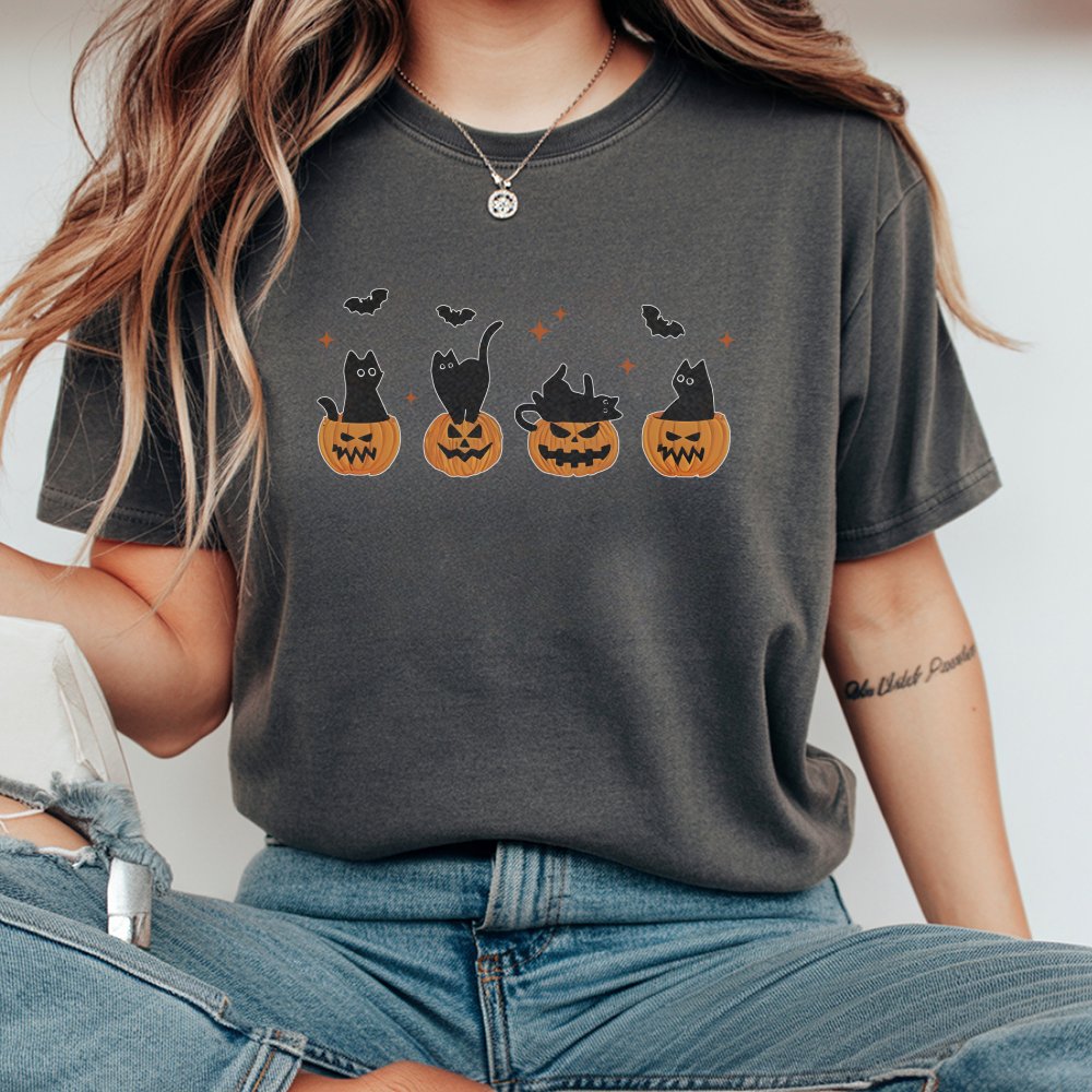 Embroidered Halloween Black Cat T-Shirt Pumpkin Fall For Women Spooky Season Bat