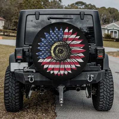 Usa Flag Sunflower Spare Tire Cover, Patriotic Floral Design, Summer Car Accessory For Women And Holiday Celebrations Spare Tire Cover