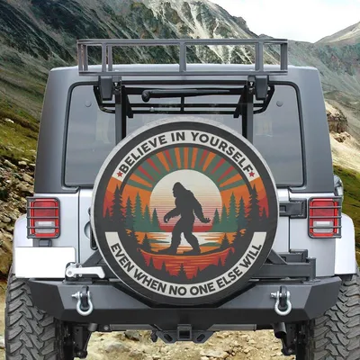 Bigfoot Forest Spare Tire Cover, Funny Sasquatch Adventure Design, Outdoor Camping Car Accessory With Backup Camera Hole Spare Tire Cover