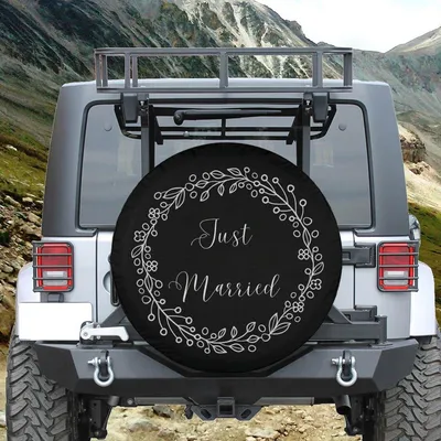 Just Married Spare Tire Cover, Wedding Wreath Wheel Protector, Line Art Honeymoon Car Accessories, Bridal Shower Gift For Couple Spare Tire Cover
