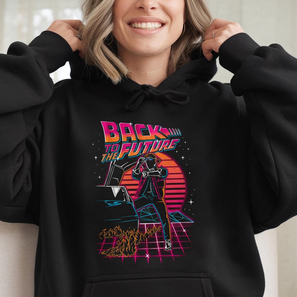 Back To The Future Men'S Hoodie Neon Synthwave Sunset Black Graphic Tee 80s Sci Fi Movie Hoodie Me