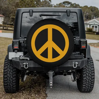 Peace Sign Spare Tire Cover, Bright Orange Yellow Symbol, Black Background Universal Fit, Hippie Boho Vehicle Accessory, Waterproof Spare Tire Cover