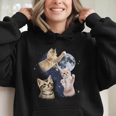 Funny Animal Vintage Graphic Hoodie Three Cats Retro Moon Hoodie Cat Hoodie Unisex Meme Cringe Funny Hoodie Menswear Women