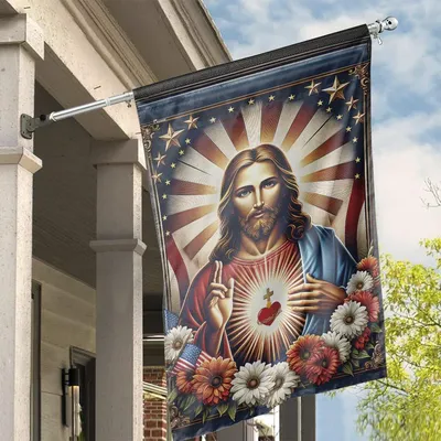 Sacred Heart Of Jesus Patriotic American House Flag, Faith, Hope, And Freedom Vertical House Flag