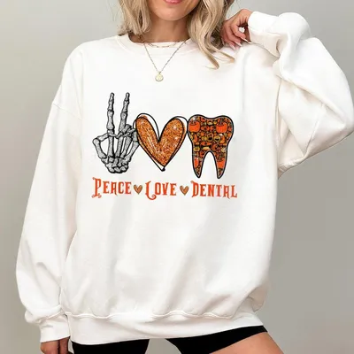 Peace Love Dental Sweatshirt Funny Dentist Halloween Tooth Graphic Cute Spooky Season Dental Assistant Hygienis