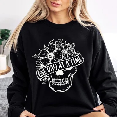 Floral Skull Sweatshirt ,One Day At A Time Sweatshirt , Women'S Skeleton Dancing Sweatshirt , Spooky Party Graphic Sweatshirt For Women