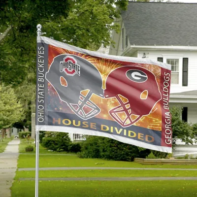 House Divided Football Theme, Ohio And Georgia Helmets With Fireworks Background, Sports Rivalry Decor, Horizontal House Flag Horizontal House Flag