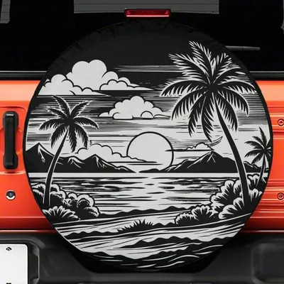 Tropical Beach Spare Tire Cover, Black White Palm Tree Ocean Art, Island Sunset Universal Fit, Waterproof Coastal Tire Protector Spare Tire Cover