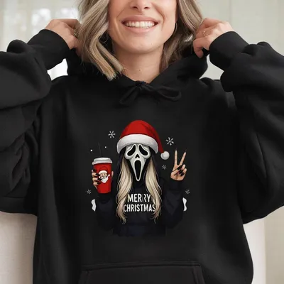 Horror Christmas Hoodie  Scary Mask Girl In Santa Hat Graphic  Funny Holiday Streetwear Outfit Cozy Unisex