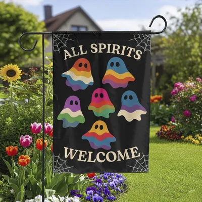 Garden Flag, All Spirits Welcome, Rainbow Ghost Halloween Decor, Inclusive Yard Banner, Spooky Pride Welcome Mat, Spiderweb Design Vertical Garden Flag