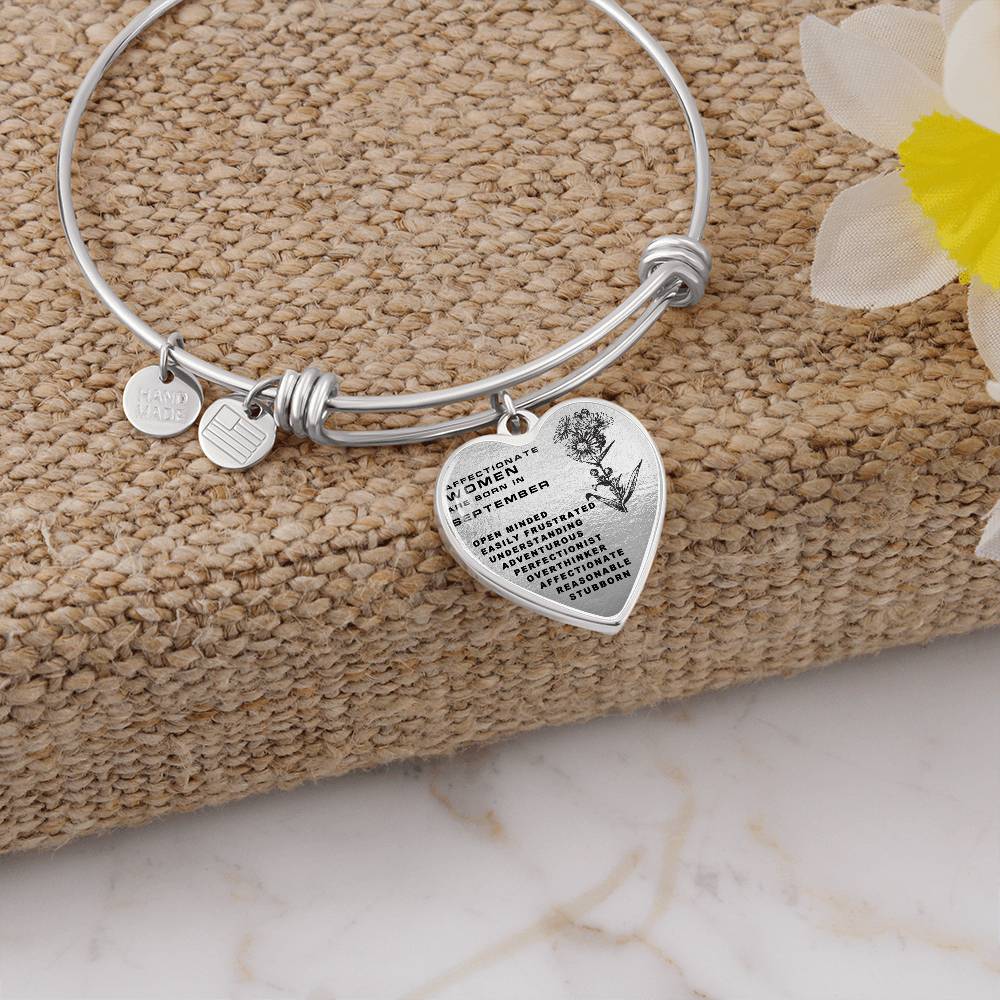 Affectionate Women Are Born in September Personalize Luxury Bangle with Charm Heart Silver Heart Bangle