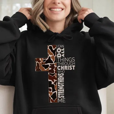 Camouflage Cross Hoodie - Inspirational Scripture With Bold Cross Design, Unisex Casual Hoodie, Stylish & Motivational