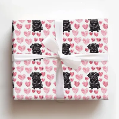 Black Pug Valentine - Gift Wrap for Christmas, Holidays Wrapping Paper, Christmas Wrapping Paper