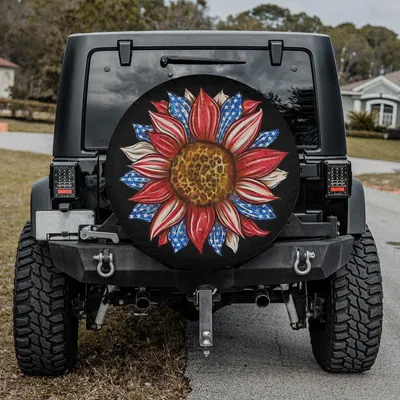 Patriotic Sunflower Spare Tire Cover - Americana Red White Blue Floral Art, 4th Of July Flower Graphic, Universal Waterproof Tire Protector Spare Tire Cover