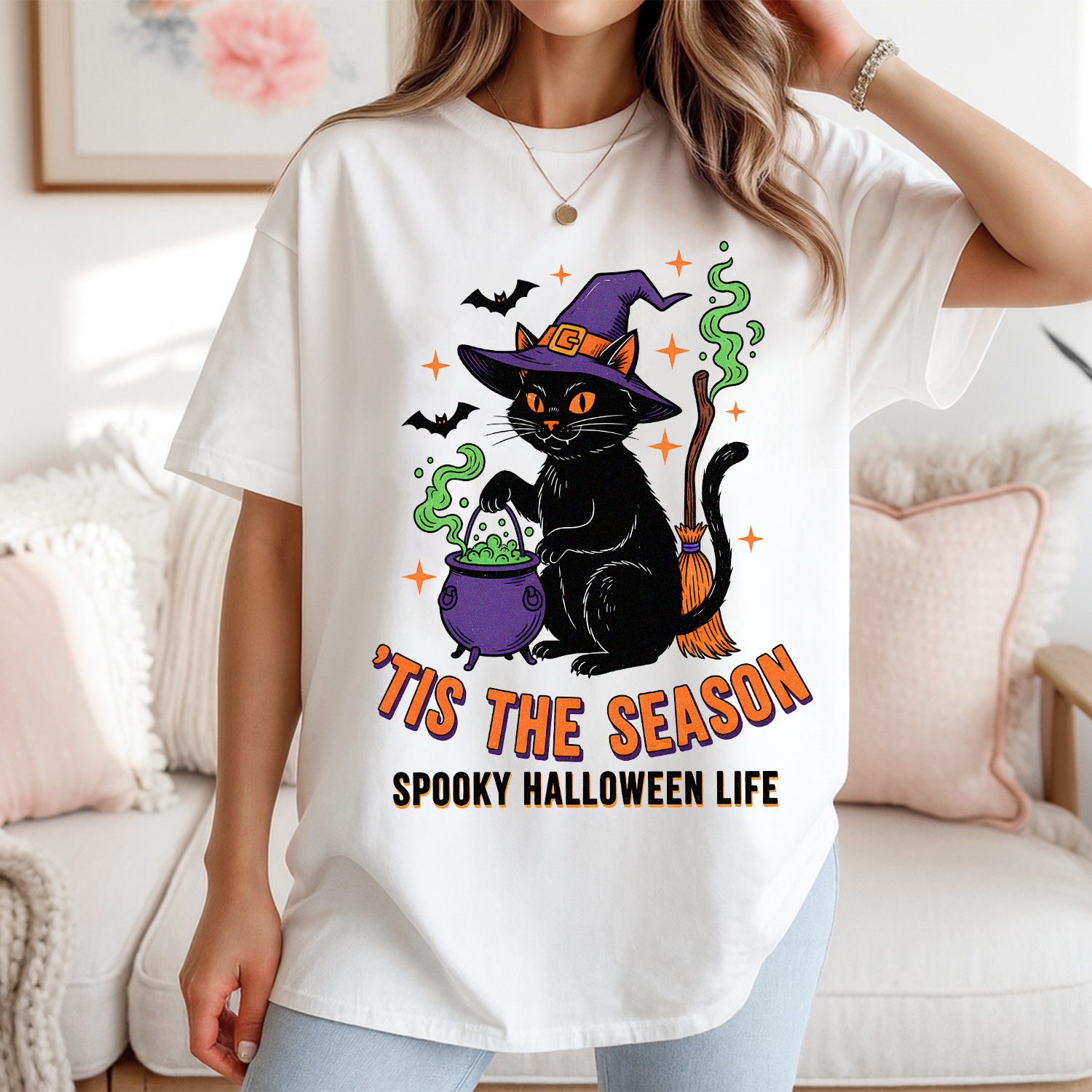 Tis the Season Spooky Halloween Black Cat Retro T-Shirt