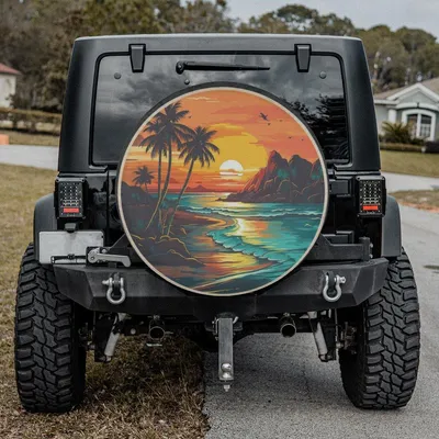 Colorful Ocean Sunset Spare Tire Cover, Palm Trees Island Wheel Protector, Summer Vacation Waterproof Vinyl Accessory Spare Tire Cover