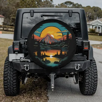 Sunset Mountain Reflection Landscape Spare Tire Cover, Nature Adventure Scenic View Design, Outdoor Travel Car Accessory Spare Tire Cover