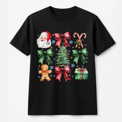 Coquette Christmas Bow And Santa T-Shirt , Girly Christmas T-Shirt, Camo Bow Christmas T-Shirt, Gift For Women Top Womenswear