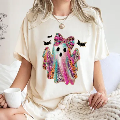 Colorful Leopard Bow Ghost T-Shirt Cute Rainbow Glitter Ghost & Bat Spooky Season Fall T-Shirt For Women