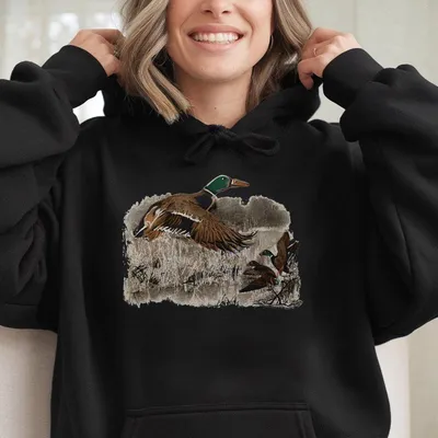 Duck Hunting Hoodie Realistic Mallard Ducks In Flight Nature Wildlife Hoodie For Men