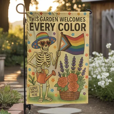 Lgbtq Skeleton Garden Flag, Pride Garden Flag, Inclusive Outdoor Flag, Funny Halloween Decor Flag, Rainbow Flower Garden Banner Vertical Garden Flag