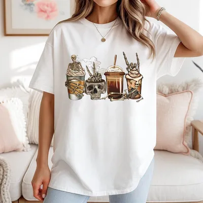 Spooky Skeleton Latte T-Shirt  Cute Cool Halloween T-Shirt For Party Al Size Size For Men For Women