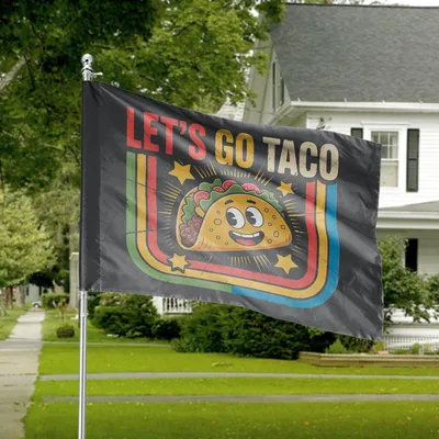 Let’S Go Taco House Flag, Smiling Cartoon Taco With Retro Rainbow Stripes And Yellow Stars, Fun Black Background Design Horizontal House Flag