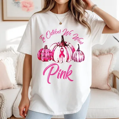 In October We Wear Pink T-Shirt Sparkle Pumpkin Breast Cancer Awareness Pink Ribbon