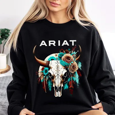 Ariat Sweatshirt,Featuring A Wild Bull Skull Design With Intricate Floral Patterns,Perfect For Outdoor Adventures Classic