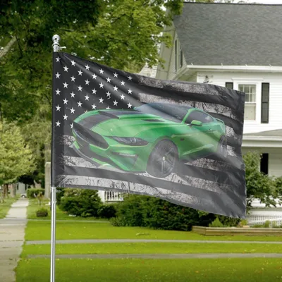 House Flag Ford Mustang Gt Car Flag Distressed American Flag Lime Green Vehicle Car Enthusiast Decor Horizontal House Flag