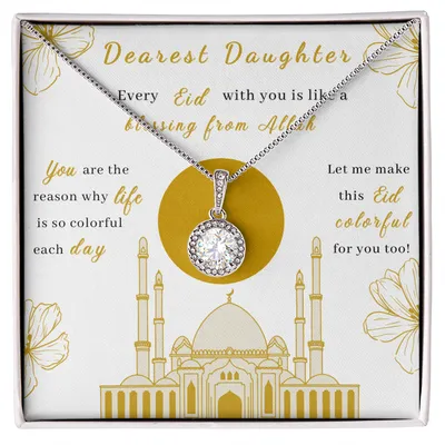 Beautiful Eid Gift For Your Daughter, Love Knot Necklace, Eid Mubarak Gifts, Gift For Her, First Eid Gift, Eid Necklace For Wife, Eid Mubarak Daughter Islamic Necklace Earring Set Muslim Gift Box Dua Message Card, Ramadan Jewelry For Her