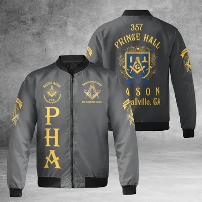 Prince Hall P.H.A. Jacket, Windproof Bomber Jacket, Marshallville 357 Masonic Regalia, Freemason Streetwear, Fraternal Fan Gift Bomber Jacket