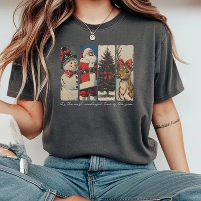 Vintage Retro It S The Most Wonderful Time Of The Year Santa Claus T-Shirt Christmas Coquette Bow Reindeer Snowman