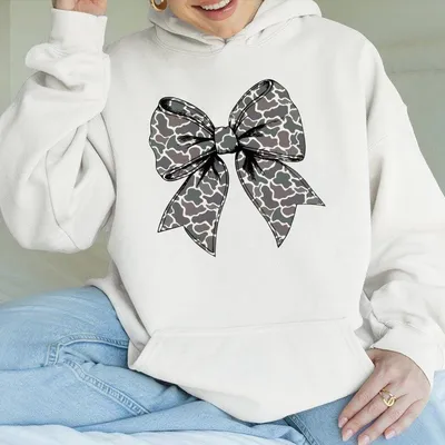 Camo Bow Hoodie Trendy Oversized With Stylish Camouflage Ribbon Graphic Cozy Casual Outfit For Women