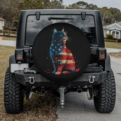 Colorful Cat Spare Tire Cover Camera Hole Option,Cute Cat Spare Tire Cover,4th Of July Cat Spare Tire Cover, Patriotic Cat Car Accessories Spare Tire Cover