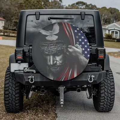 Jesus And Dove Spare Tire Cover, Faith And Patriotism Design, Grayscale Cross Illustration, Waterproof Vinyl Wheel Protector Spare Tire Cover