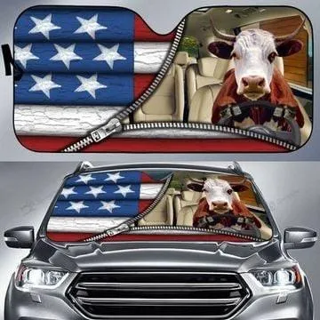 Hereford Cattle United States Zipper Pattern Car Sun Shade, Farm Auto Sunshade Windshield
