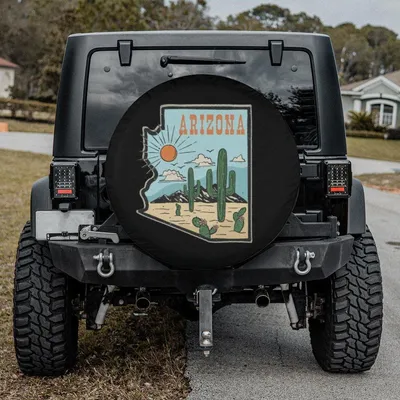 Arizona State Map Spare Tire Cover, Saguaro Cactus Desert Graphic, Usa Southwest Universal Wheel Protector Spare Tire Cover