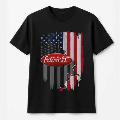 Peterbilt American Flag Trucker T-Shirt Premium Cotton Menswear Patriotic Semi Truck Prints For Drivers Fans Classic Unisex