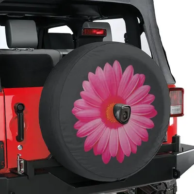 Pink Daisy Flower Spare Tire Cover, Bright Floral Design, Simple Nature Art Style, Cheerful Aesthetic For Women Drivers, Backup Camera Ready Spare Tire Cover