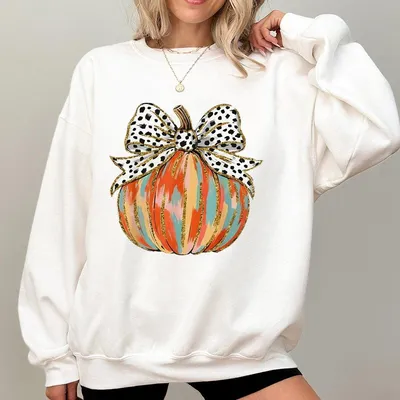 Coquette Bow Pumpkin Season Autumn Fall Leaves Thanksgiving Sweatshirt