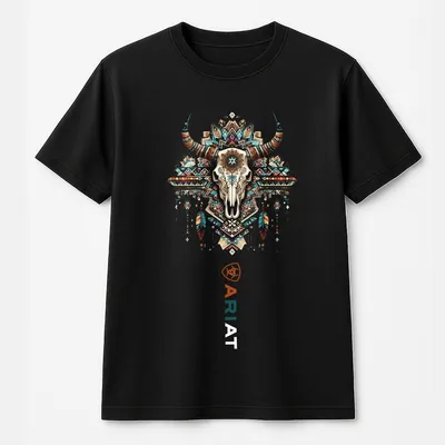 Ariat Sport Grey T-Shirt Tribal Western Bull Skull & Geometric Feather Graphic Unisex Relaxed Fit