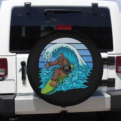 Spare Tire Cover With Bigfoot Surfing Design, Spare Tire Cover, Surfer Bigfoot Wheel Cover, Rear Camera Hole Spare Tire Cover