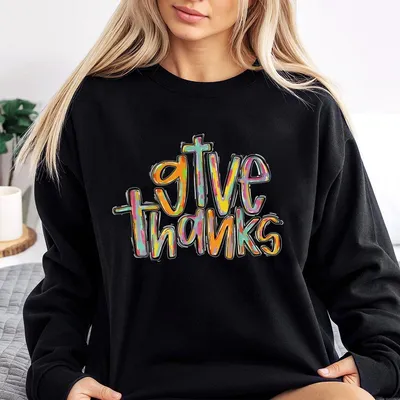 Colorful Brushstroke Give Thanks Jesus Cross Sweatshirt, Thankful Grateful Blessed Coquette Pumpkin