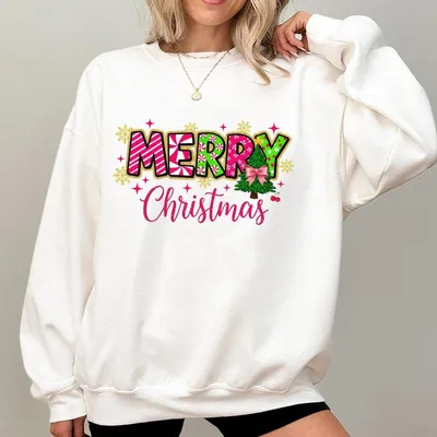 Glitter Merry Christmas Sweatshirt Retro Christmas Sweatshirt Girly Cute Christmas Sweatshirt Trendy Holiday For Men For Women