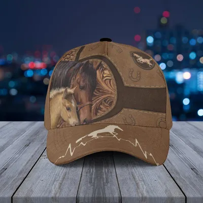 Baseball Cap Equestrian Love Horse & Foal Portrait With Heartbeat Hoof Graphic Baseball Cap