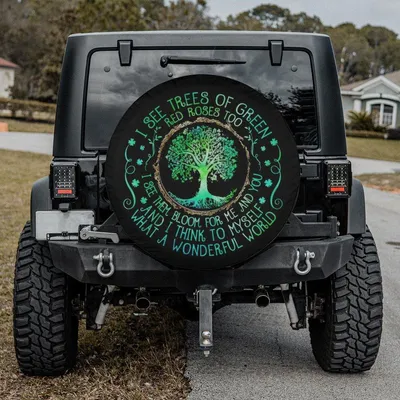 Tree Of Life Spare Tire Cover, Wonderful World Lyrics Wheel Protector, Green Nature Waterproof Vinyl, Universal Fit Spare Tire Cover