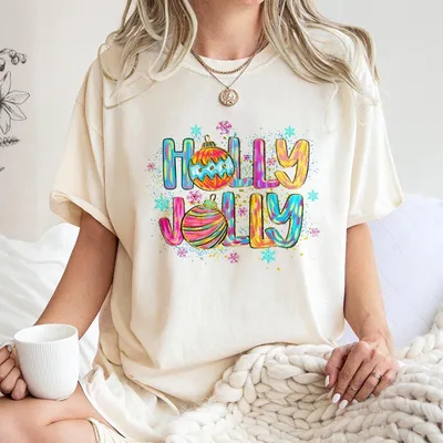 Colorful Glitter Holly Jolly Christmas T-Shirt,Coquette Holiday Ornaments T-Shirt,Brushstroke Festive